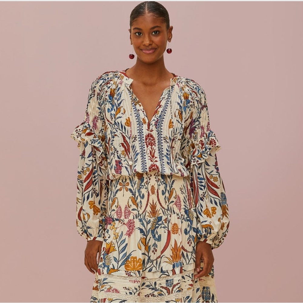 FARM Rio Romantic Lightness Cream Long Sleeve Blouse NWT